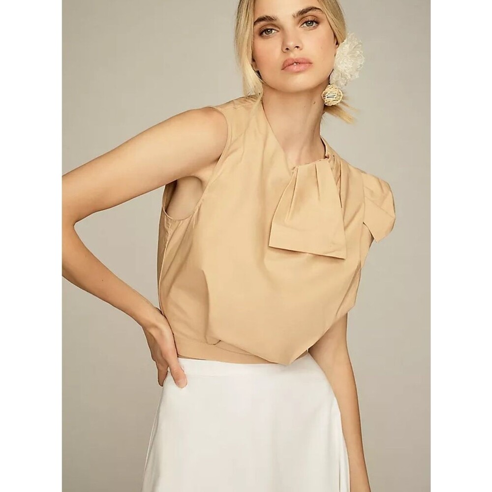 NWOT ✨ Anthropologie Maeve Bow Tan Blouse Size 14 100% Cotton